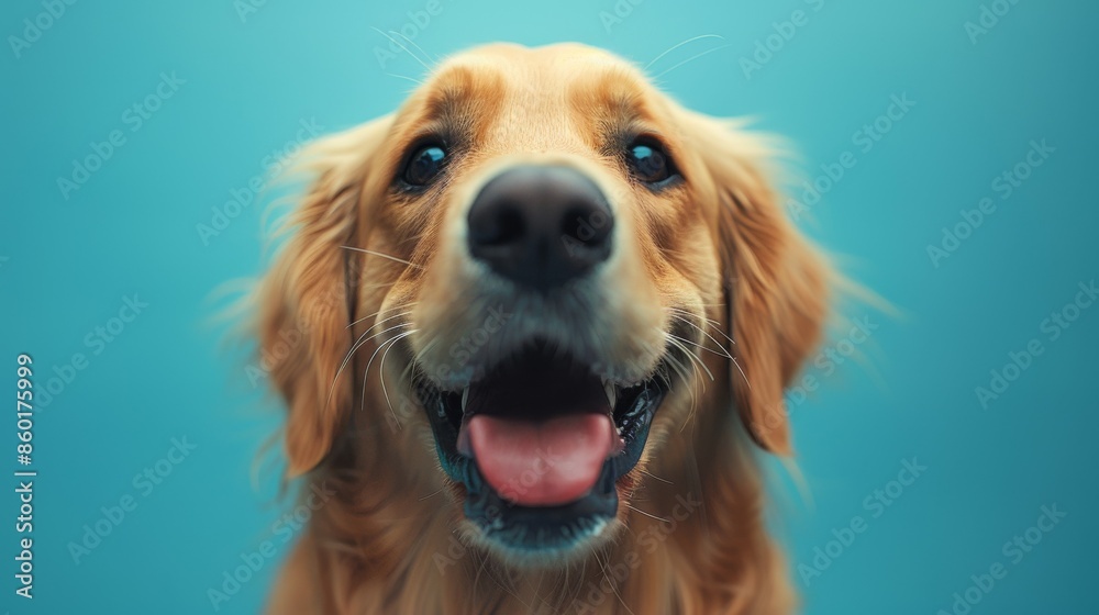 Funny and joyful Golden Retriever. Isolated against blue background. Dog. Pet. Canine.