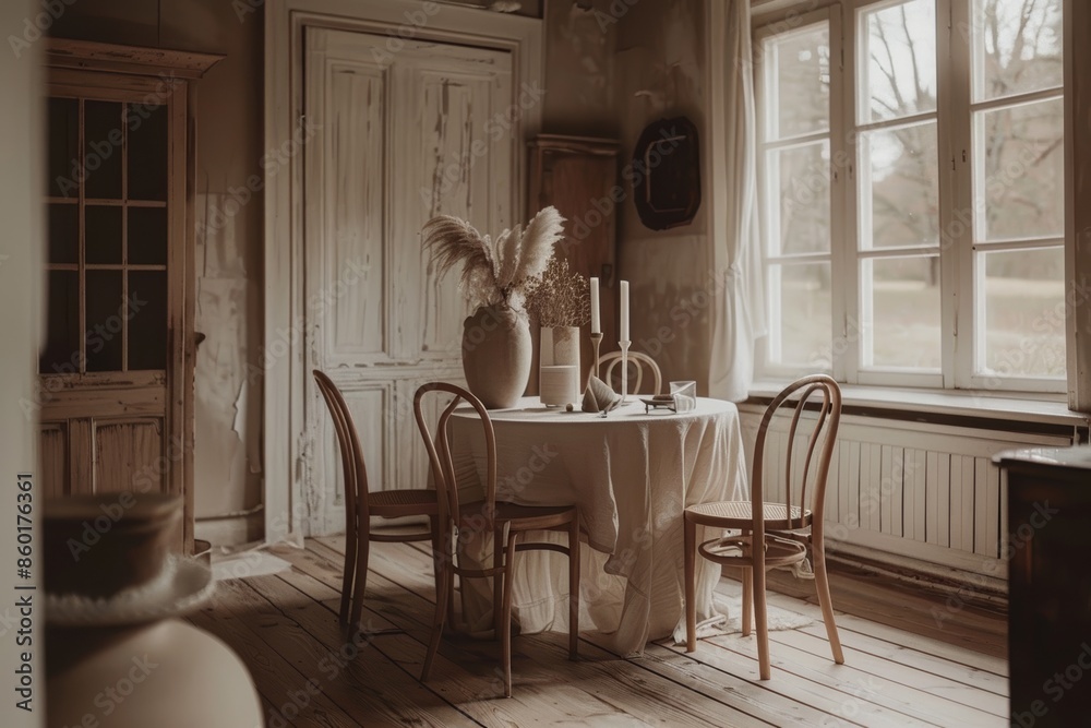 A white tablecloth covers a round table set with four chairs in a rustic room with a large window