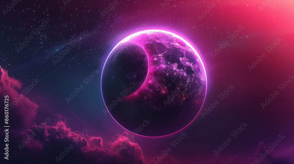Solar eclipse with the planet surrounded by neon colors in the dark sky. The contrast between deep black and bright, neon shades creates an amazing visual effect. Solar eclipse with the planet surrounded by neon colors in the dark sky. The contrast between deep black and bright, neon shades creates an amazing visual effect.