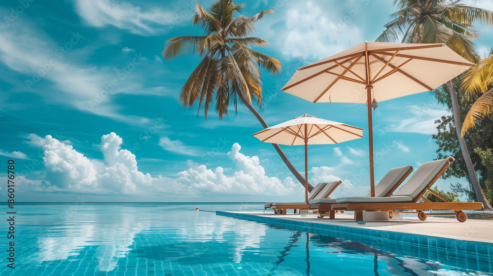 Fototapeta premium A luxurious holiday in the Maldives surrounded by a heavenly landscape with a swimming pool, sky and clouds. Perfect atmosphere to relax.
