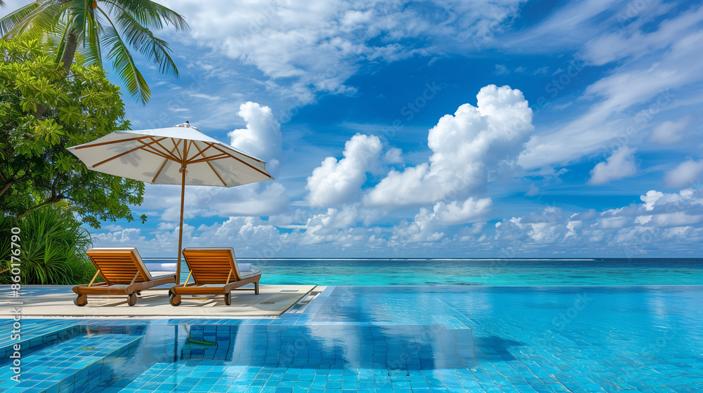 Obraz premium A luxurious holiday in the Maldives surrounded by a heavenly landscape with a swimming pool, sky and clouds. Perfect atmosphere to relax.