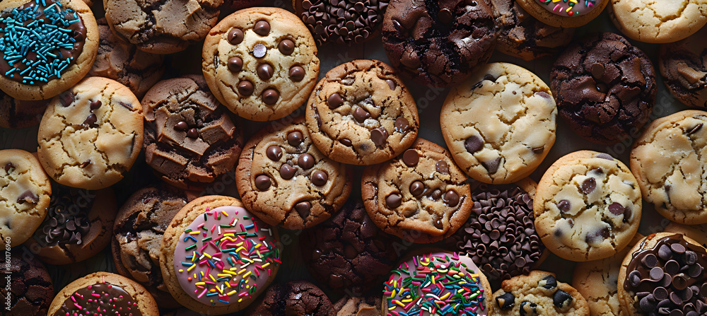 A variety of chocolate chip cookies with different fillings and toppings A variety of chocolate chip cookies with different fillings and toppings