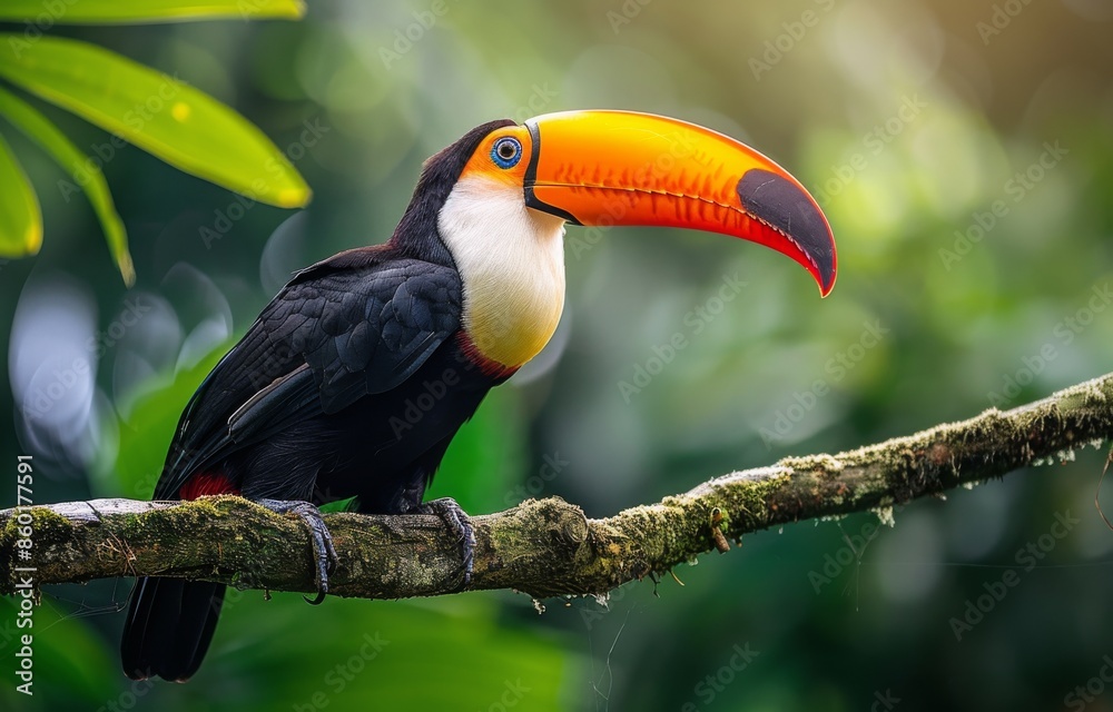 Naklejka premium Colorful Toucan Perched On Branch In Tropical Rainforest