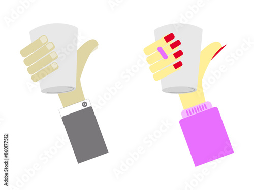 Male and female each one carries a take away cup, all fingers, part of palm and sleeve are visible. Isolated on white background (backdrop). Drinks. People. Vector illustration.