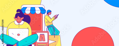 Holiday shopping people doing e-commerce online shopping flat vector concept operation hand drawn illustration
