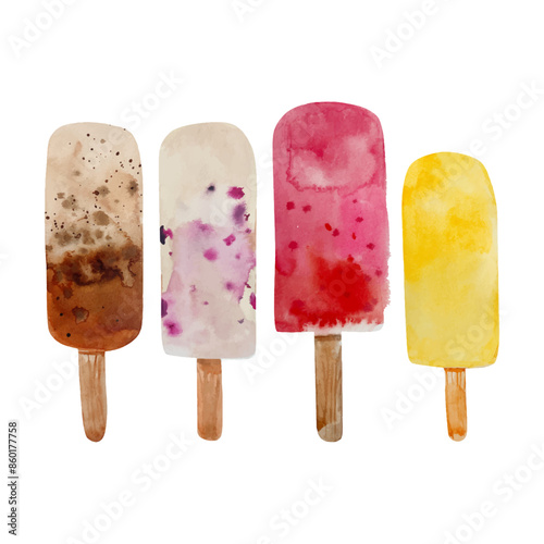 Ice cream set. Colorful ice-cream popsicles, watercolor illustration in vector. Cartoon sweets dessert. Template for background, banner, card, poster. July is National Ice Cream Month. Holiday concept