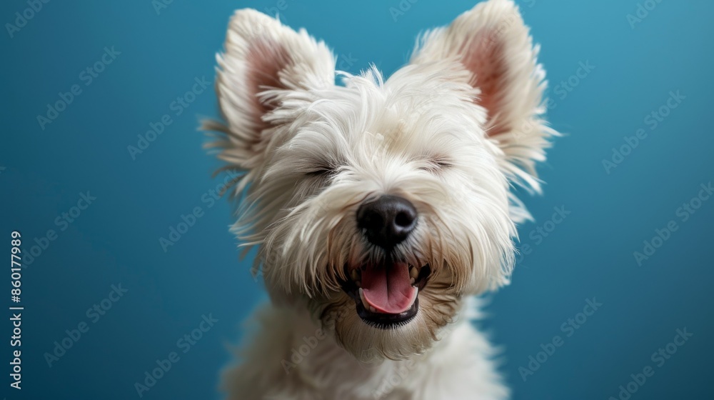 Joyful White Terrier, Westie. Isolated against a vibrant blue background. Canine. Dog. Pet. Joyful White Terrier, Westie. Isolated against a vibrant blue background. Canine. Dog. Pet.