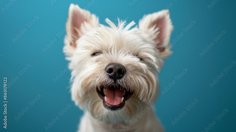Joyful White Terrier, Westie. Isolated against a vibrant blue background. Canine. Dog. Pet. Joyful White Terrier, Westie. Isolated against a vibrant blue background. Canine. Dog. Pet.