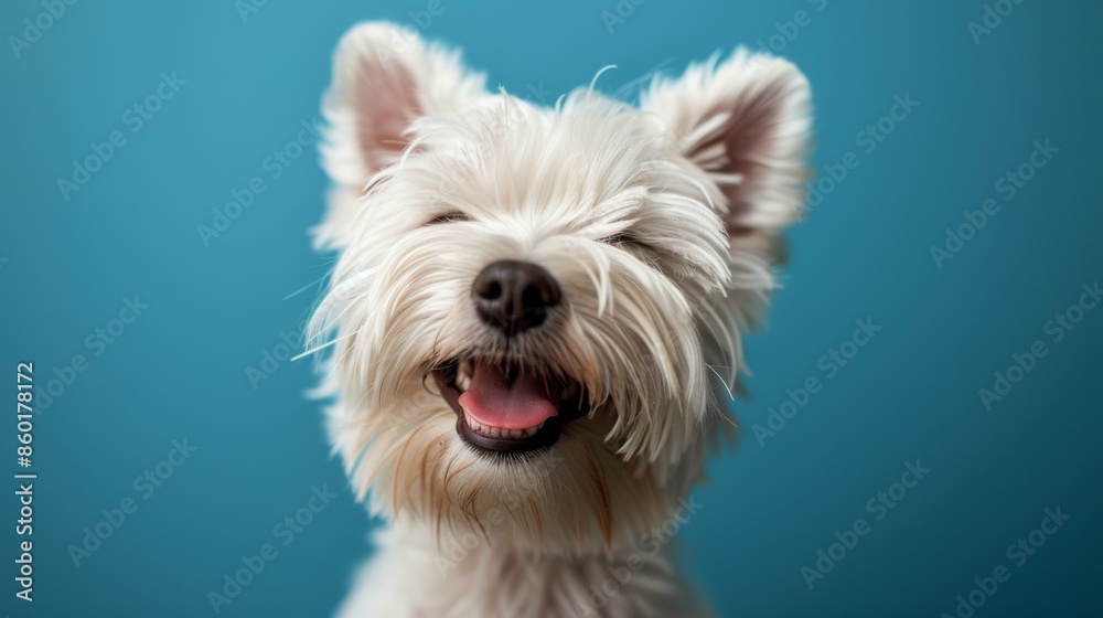 Joyful White Terrier, Westie. Isolated against a vibrant blue background. Canine. Dog. Pet. Joyful White Terrier, Westie. Isolated against a vibrant blue background. Canine. Dog. Pet.