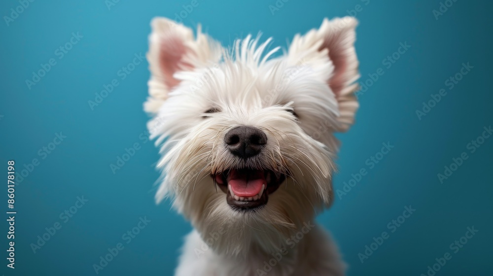 Joyful White Terrier, Westie. Isolated against a vibrant blue background. Canine. Dog. Pet. Joyful White Terrier, Westie. Isolated against a vibrant blue background. Canine. Dog. Pet.