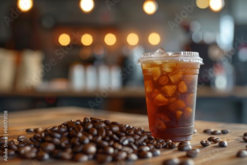 Iced Coffee cup with fresh organic coffee beans and the roasted coffee beans on the wooden table, Close-up View