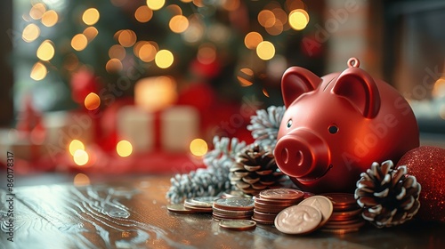 A red piggy bank is surrounded by coins, set against a festive background with glowing lights and pinecones, representing savings during holiday celebrations. photo