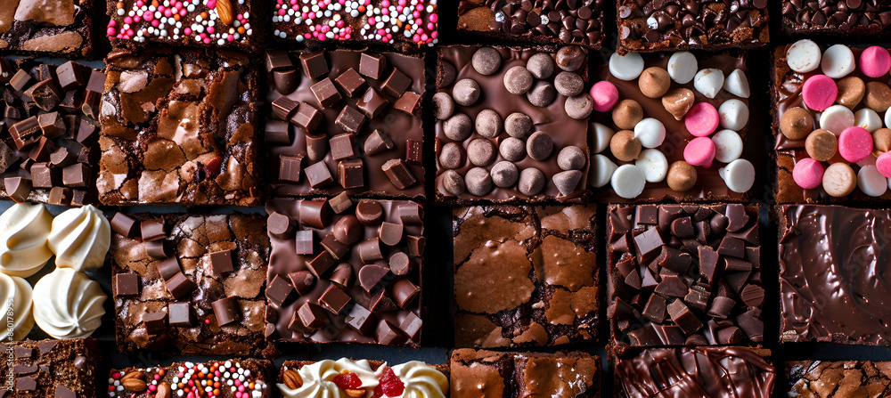 A variety of chocolate fudge brownies with different fillings and toppings A variety of chocolate fudge brownies with different fillings and toppings