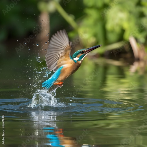 Kingfisher Diving for Prey, Small Forested Lake, Action Shot, High-speed.