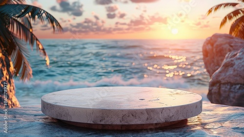 A round marble platform overlooking a tropical beach with palm trees and a beautiful sunset, providing a serene and picturesque backdrop perfect for display or product placement.
