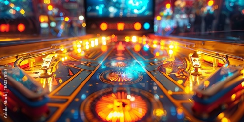 Vibrant Retro Pinball Arcade with Neon Lights and Colorful Patterns