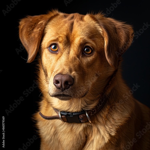 a dog with a dog collar looking at the camera