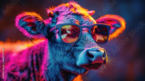 A vibrant and colorful image of a cow sporting chic sunglasses, bathed in striking neon lights that create an eye-catching visual effect, perfect for modern decor.