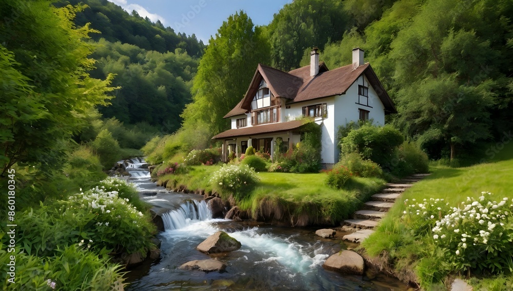 country side house, many footpaths with neat hedge flowers, small river, waterfall, forest background, high quality photo type country side house, many footpaths with neat hedge flowers, small river, waterfall, forest background, high quality photo type