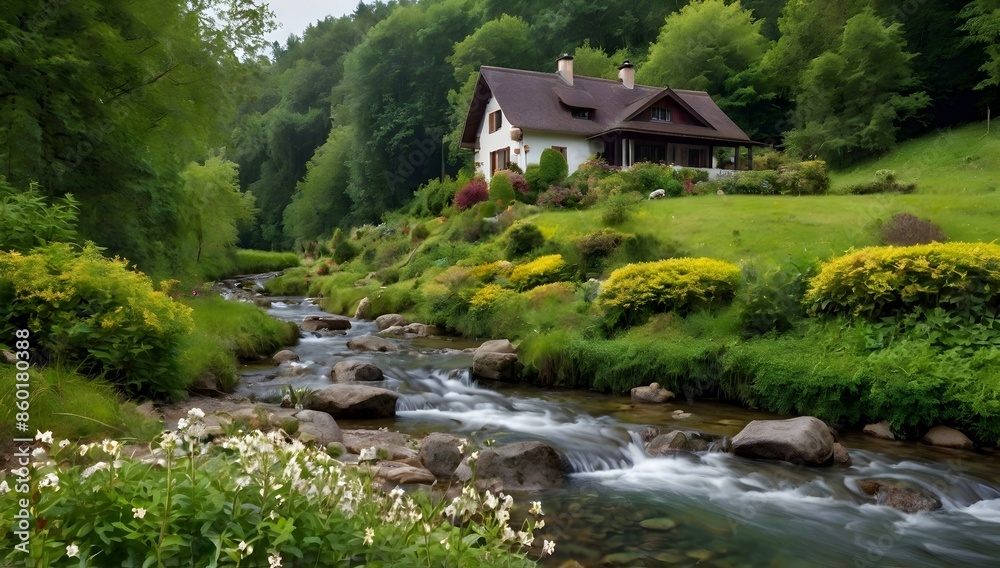 country side house, many footpaths with neat hedge flowers, small river, waterfall, forest background, high quality photo type country side house, many footpaths with neat hedge flowers, small river, waterfall, forest background, high quality photo type