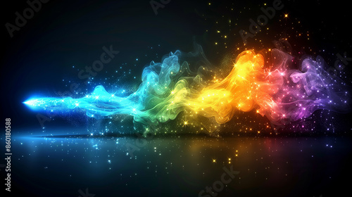 A vibrant, multicolored energy stream flows through a dark, starry background, emitting sparkling particles. photo