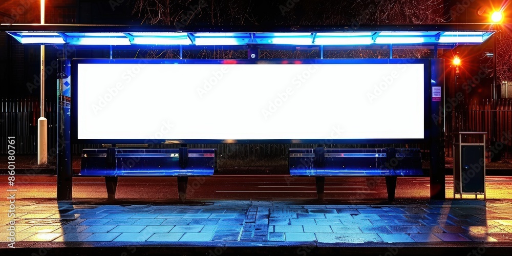 Empty Bus Stop at Night with Blank Billboard Empty Bus Stop at Night with Blank Billboard