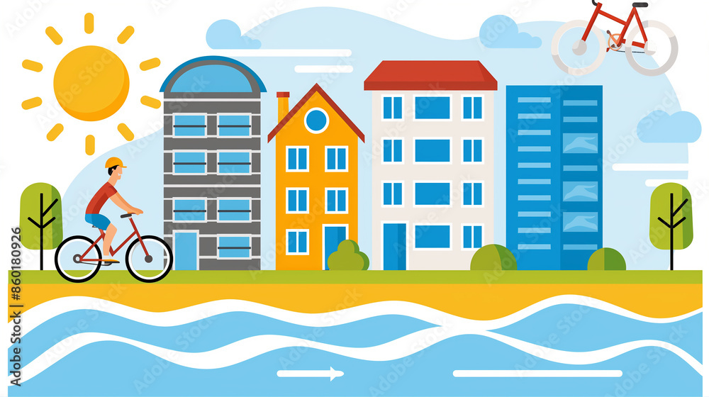 A bright and cheerful illustration featuring a cyclist riding along a waterfront with colorful buildings, trees, and a sun. A bright and cheerful illustration featuring a cyclist riding along a waterfront with colorful buildings, trees, and a sun.