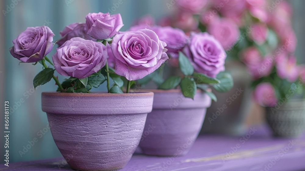 Beautiful lavender roses bloom vibrantly in stylish purple pots, displayed elegantly on a rustic wooden table, creating a serene and captivating visual. Beautiful lavender roses bloom vibrantly in stylish purple pots, displayed elegantly on a rustic wooden table, creating a serene and captivating visual.