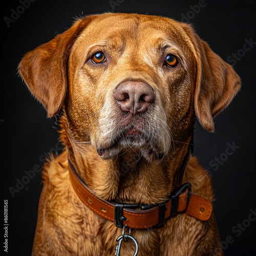 a dog with a dog collar looking at the camera