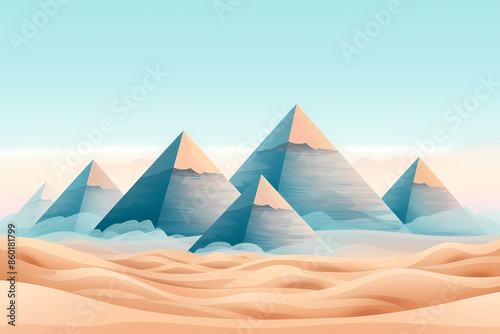 Abstract geometric pyramids rising from a desert landscape with clouds. photo
