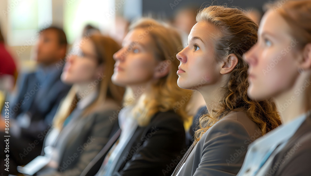 A large group of people sitting in an auditorium or conference room, listening to someone giving a presentation on stage with an over the shoulder perspective. A large group of people sitting in an auditorium or conference room, listening to someone giving a presentation on stage with an over the shoulder perspective.