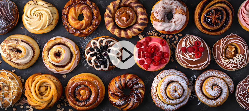 A variety of cinnamon twists with different fillings and toppings