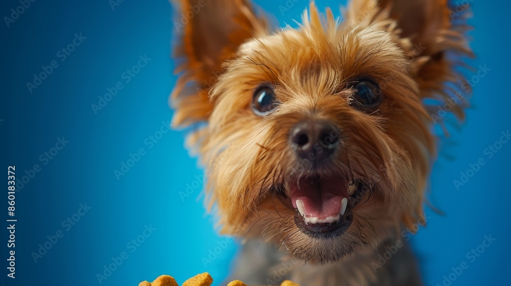 Naklejka premium Yorkshire Terrier. Close up, isolated against blue background. Dog. Canine. Pet.