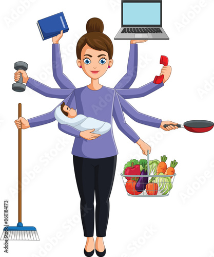 Vector Illustration of multitasking woman