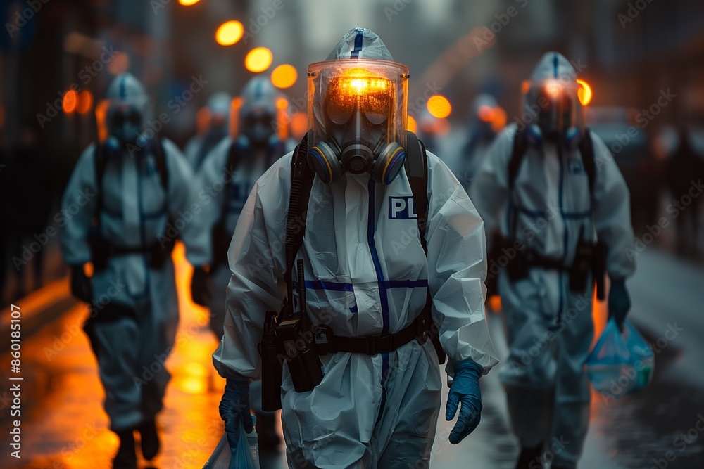 Hazmat Team Walking in Urban Environment at Night Hazmat Team Walking in Urban Environment at Night