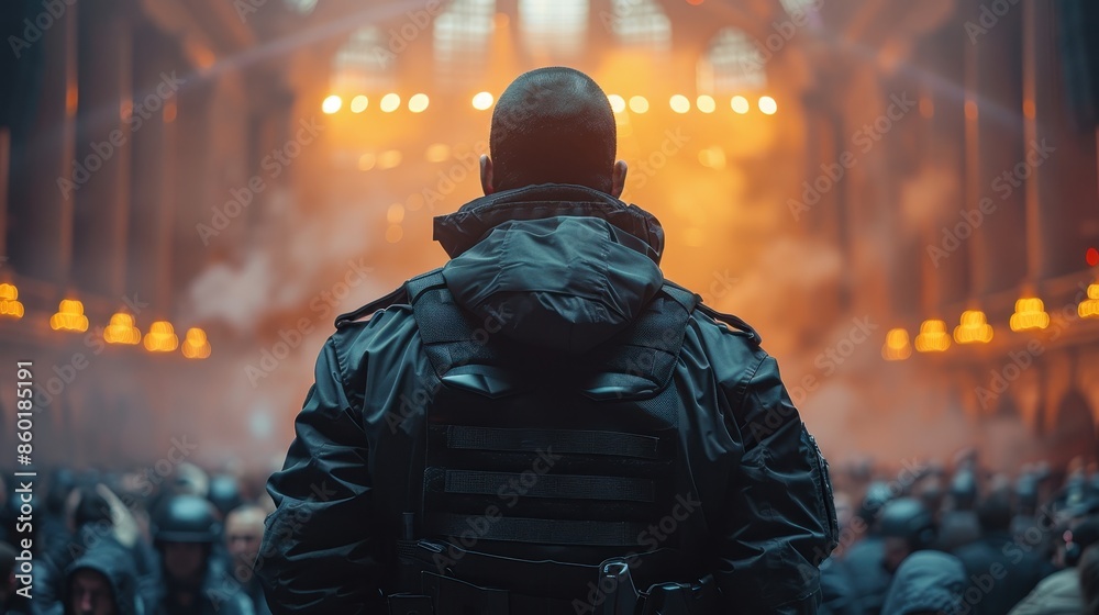 A tactical soldier, seen from behind, faces a crowd in a dimly lit, smoke-filled arena, evoking themes of authority, tension, and anticipation, with an intense, action-packed ambiance. A tactical soldier, seen from behind, faces a crowd in a dimly lit, smoke-filled arena, evoking themes of authority, tension, and anticipation, with an intense, action-packed ambiance.