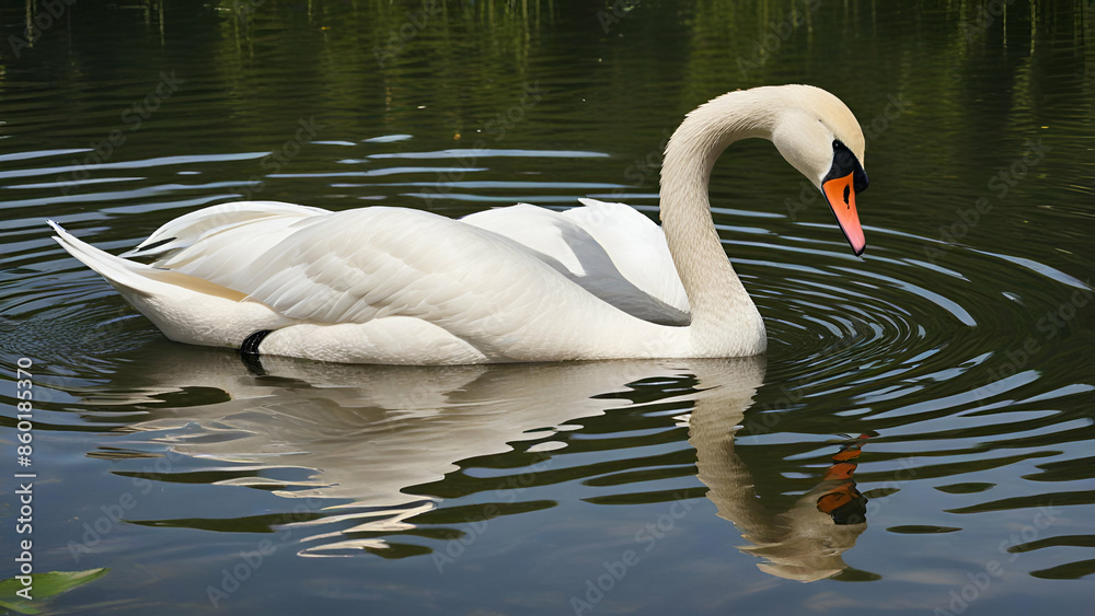 Fototapeta premium Beautiful white Swan and its shade on the lake