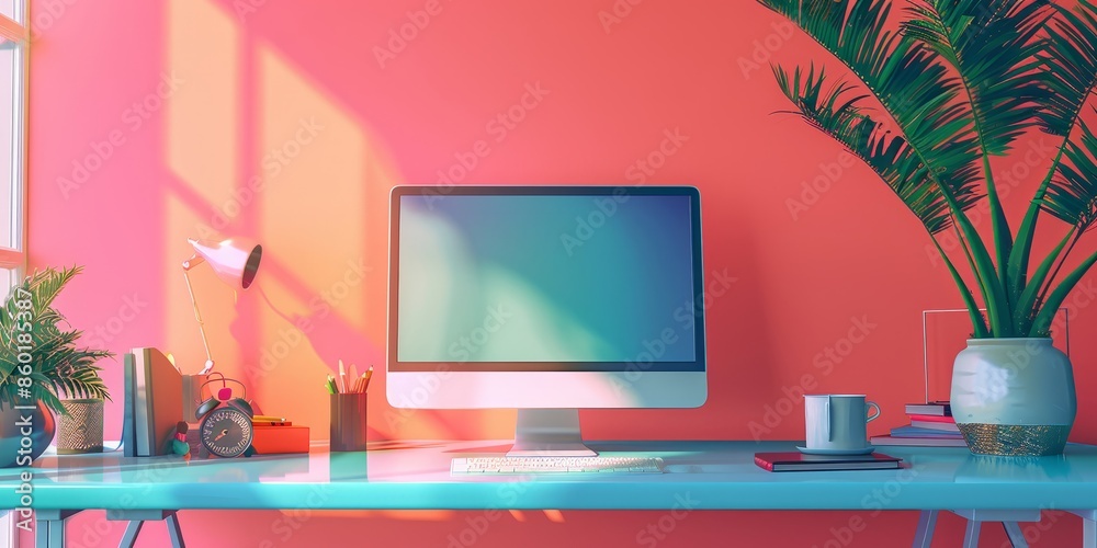 Modern Office Workspace with Vibrant Coral and Mint Green Decor Modern Office Workspace with Vibrant Coral and Mint Green Decor