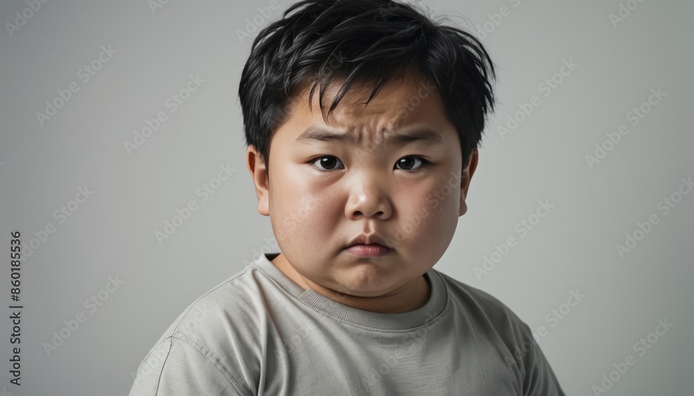 Studio portrait of a serious Asian boy with black hair Studio portrait of a serious Asian boy with black hair