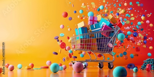 Colorful Shopping Cart with Gifts and Bubbles on Gradient Background photo