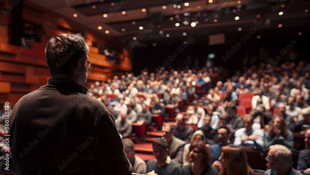 A large group of people sitting in an auditorium or conference room, listening to someone giving a presentation on stage with an over the shoulder perspective. A large group of people sitting in an auditorium or conference room, listening to someone giving a presentation on stage with an over the shoulder perspective.