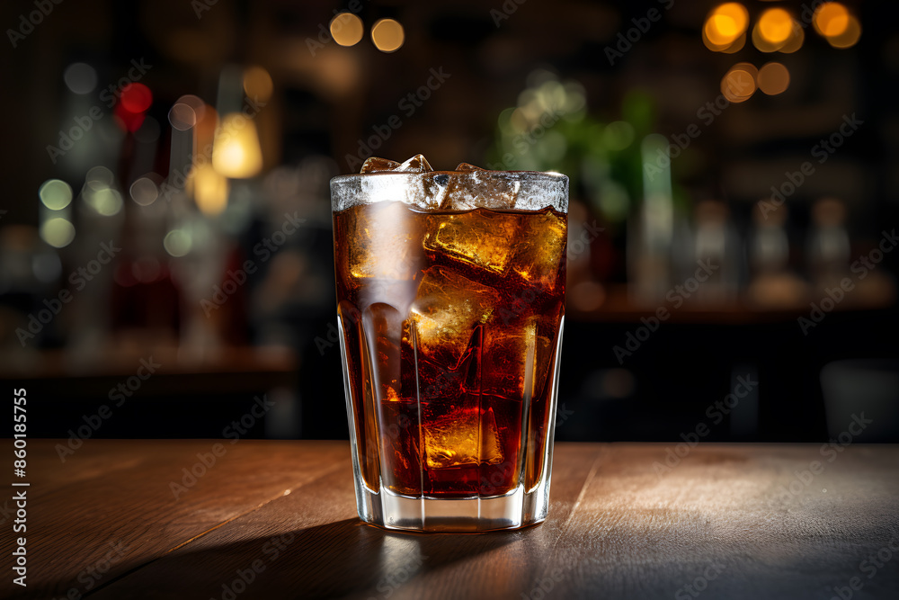 Glass with cola and ice on the counter of a bar Glass with cola and ice on the counter of a bar