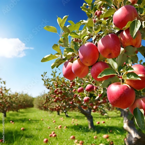 An apple tree laden with ripe apples, set in a lush green orchard under a clear blue sky, Generative AI photo