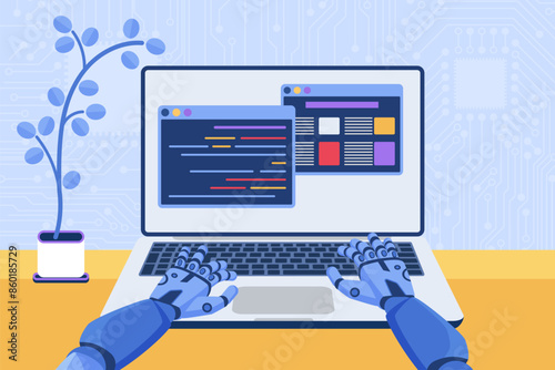 Software code automation development using AI, machine learning, tech service and chat. Robot coding and sitting at laptop, hands of bot working with program windows cartoon vector illustration