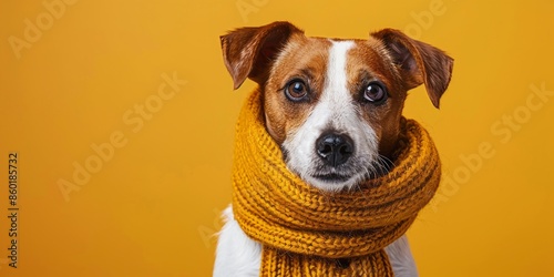 Cute Dog With Cozy Knit Scarf Against Golden Yellow Background photo