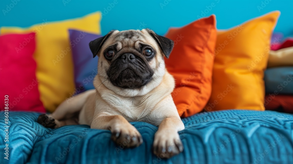 Cute Pug on colorful couch. Isolated against a vibrant colorful background. Canine. Dog. Pet. Cute Pug on colorful couch. Isolated against a vibrant colorful background. Canine. Dog. Pet.