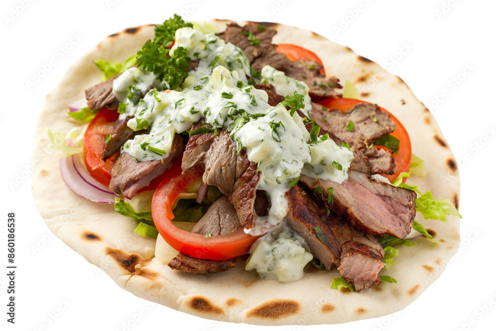 A gyro with lamb, tzatziki sauce, and vegetables | Isolated on Transparent & White Background | PNG File with Transparency A gyro with lamb, tzatziki sauce, and vegetables | Isolated on Transparent & White Background | PNG File with Transparency