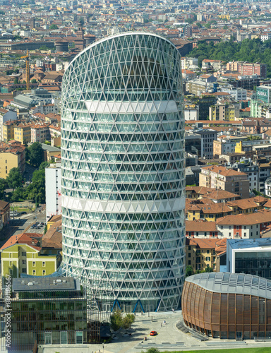 Milano, Italy. Aerial view of the iconic UnipolSai tower at Porta Nuova financial district. Urban up. The new headquarter of the Unipol group designed by the architect Cucinella photo