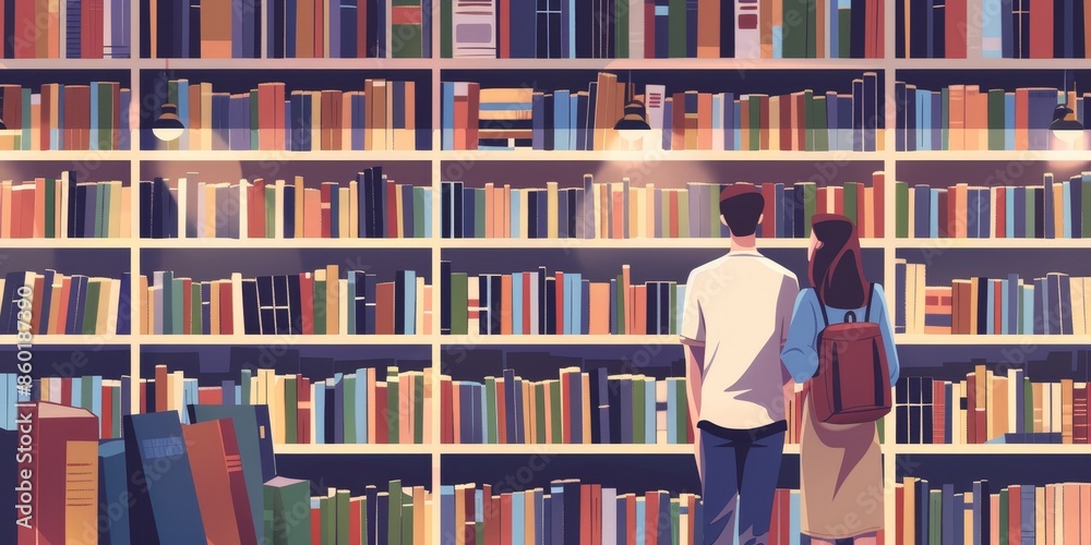 A couple standing in front of a large library bookshelf. A couple standing in front of a large library bookshelf.
