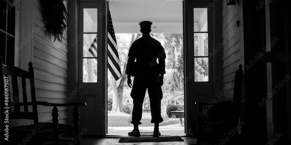 A soldier stands in the doorway of a house A soldier stands in the doorway of a house